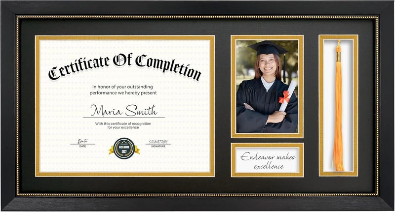 GiftMust 11x22 Diploma Frame with Tassel Holder, Graduate Frame for 8.5x11 Certificate Document and 4x6 Photo, Linen Texture Black over Gold Double Mats, HD Real Glass, Black with Gold Beads Embossing - Image 1